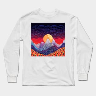 Psychedelic Magical Mountains and Moon Illustration Long Sleeve T-Shirt